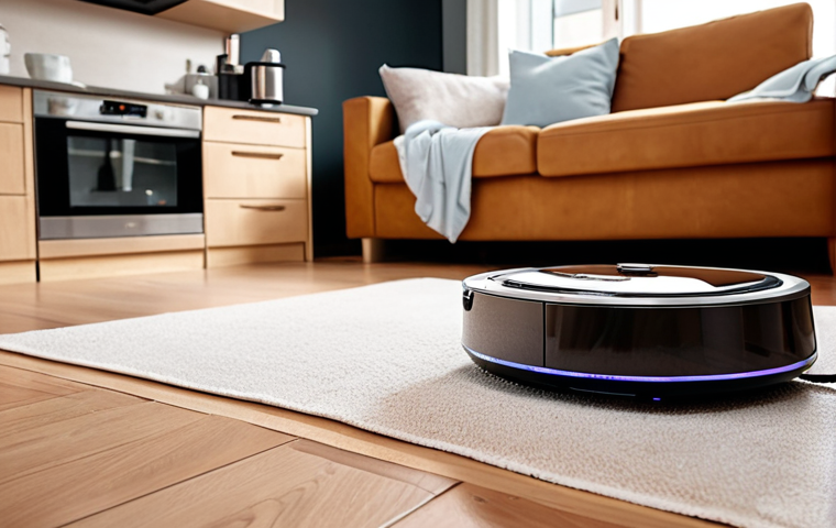 **Prompt:** A serene, modern living room bathed in soft, personalized smart lighting. In the foreground, a sleek robot vacuum is quietly cleaning the floor, while a smart coffee machine in the background is automatically brewing a morning coffee. The scene emphasizes comfort, seamless integration of technology into daily life, and a feeling of effortless routine. Soft focus, warm tones, and inviting atmosphere.
