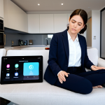 A professional woman, fully clothed in a modest, modern business casual outfit, sits in a contemporary living room, looking slightly overwhelmed by technology. Around her are various smart home devices – a smart coffee machine, a smart speaker, a tablet displaying different app icons, and ambient smart lighting – each appearing to function independently, highlighting a fragmented user experience. Perfect anatomy, correct proportions, natural pose, well-formed hands, proper finger count, natural body proportions, professional photography, high quality, safe for work, appropriate content, family-friendly.